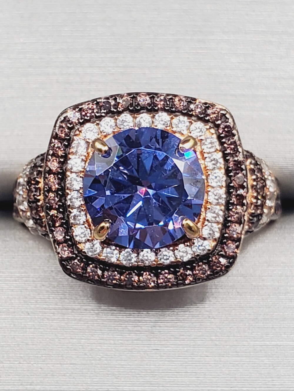 18k Rose Gold - 925 Silver Round Tanzanite, Mocha & White diamond simulants Ring